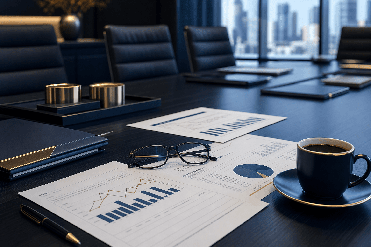 Boardroom table with printed financial statements and charts